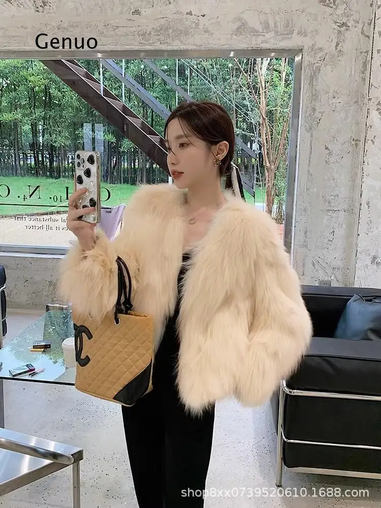 Women Faux Fox Fur Short Jacket Fluffy Warm Winter Outerwear Fashion Casual Coat