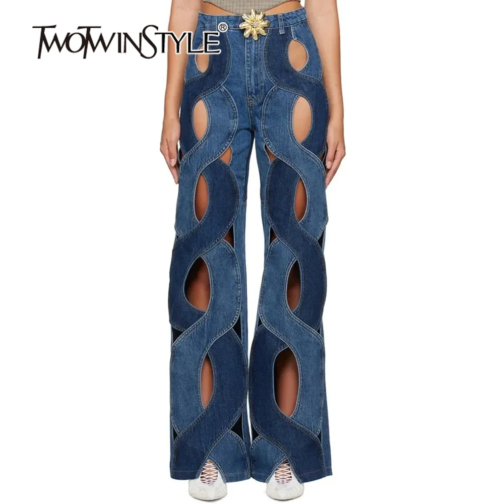 

TWOTWINSTYLE Hollow Out Jeans For Women High Waist Patchwork Pocket Casual Loose Wide Leg Pants Female Fashion Clothing 2023 New