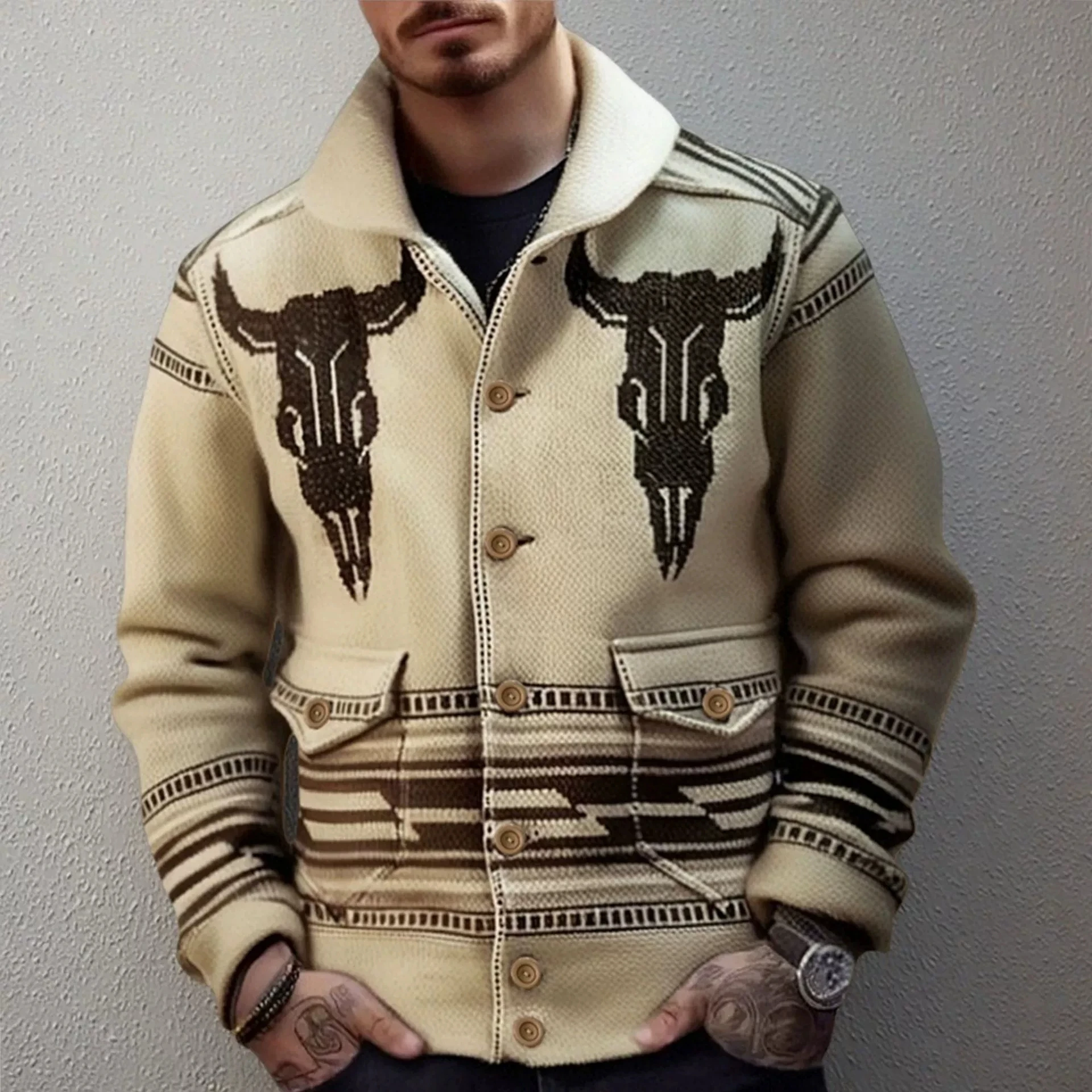 

Men's new autumn and winter European and American jacquard knitted jacket long sleeved elegant lapel wool sweater jacket top