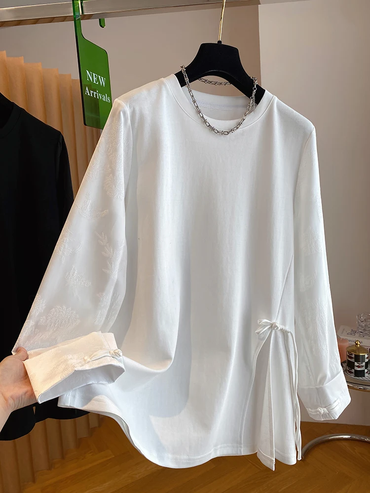 

Женская футболка больших размеров с длинным рукавом в китайском стиле, на пуговицах, с разрезом снизу, весна-лето, новинка, базовая модель