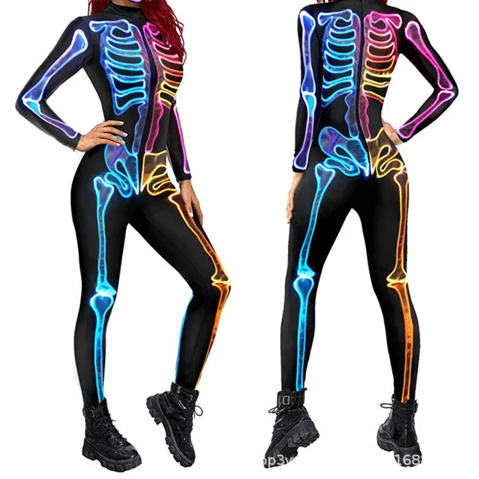 Skelett-Knochen-Blumen-Schädel 3D-Druck Anzug für Damen und Herren, Muskel-Menschenkörper-Jumpsuit, Halloween-Party-Cosplay-Kostüme – Detail 4