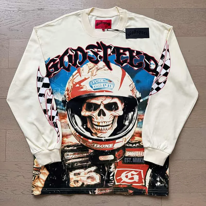 

Good Quality Godspeed T-shirt Full Skull Print Retro GOD SPEED Tee American High Street Women Vintage Long Sleeve T Shirt Men