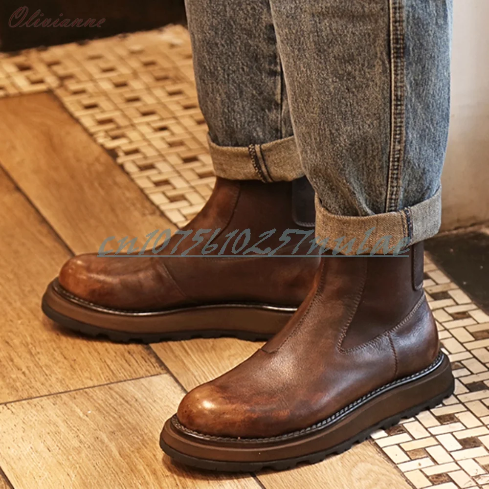 

British Style Genuine Leather Retro Platform Slip-on High-top Casual Shoes with Round Toe Distressed Men Shoes Zapatillas Mujer