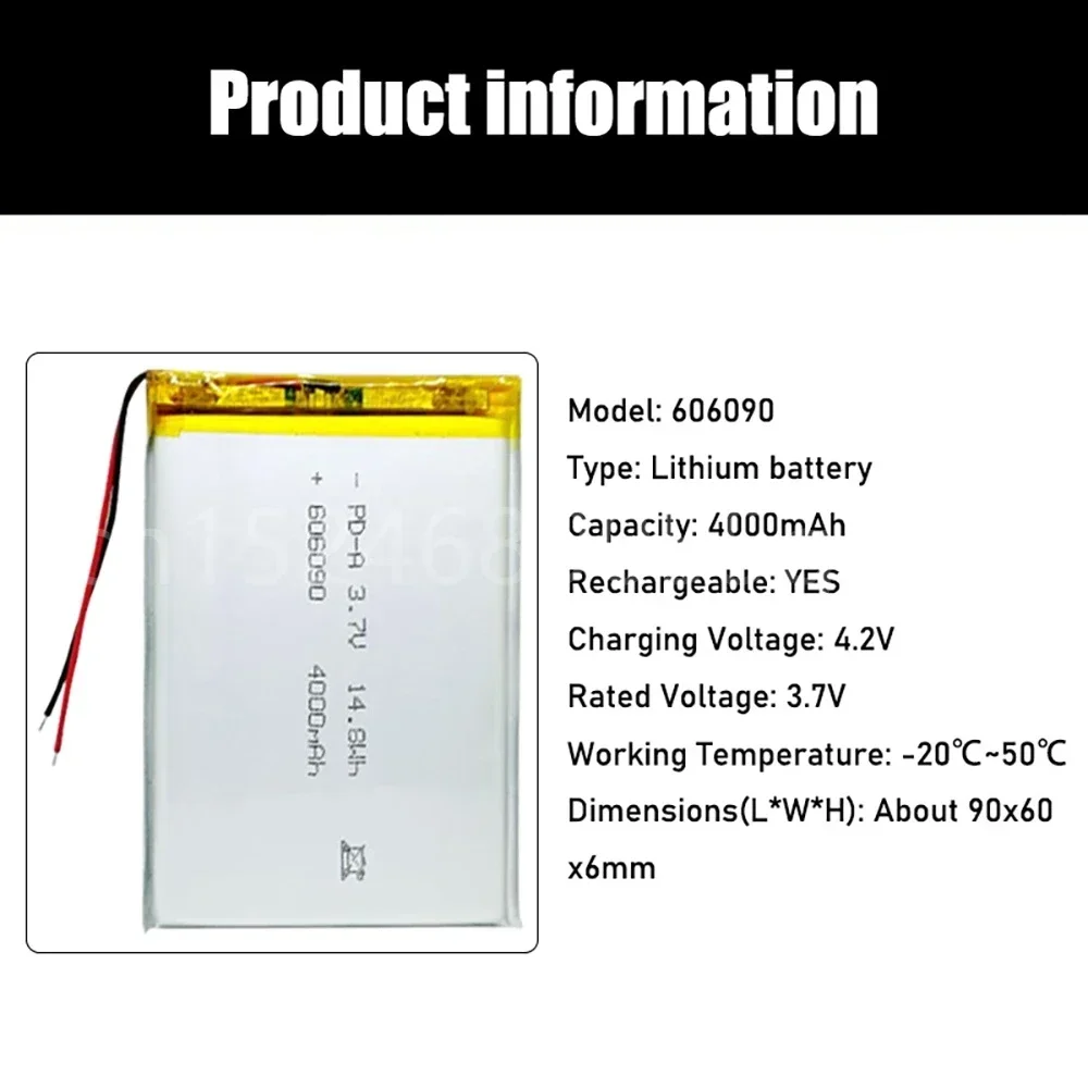 3.7v 4000mAh 606090 Rechargeable Lipo Battery For GPS MP4 Camera Power Bank Tablet Electric Toys PAD DVD Lithium Polymer Battery