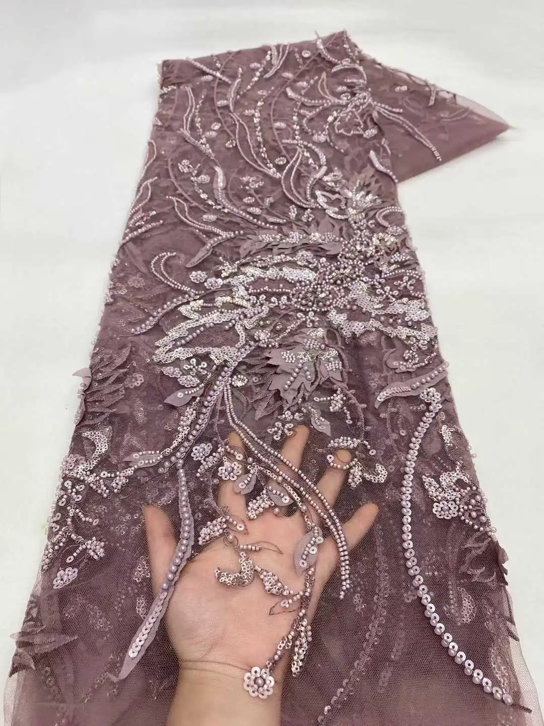 African Heavy Beaded Lace Fabric High Quality 5 Yards Nigerian Sequins Tulle 3D Fabric Material For Wedding