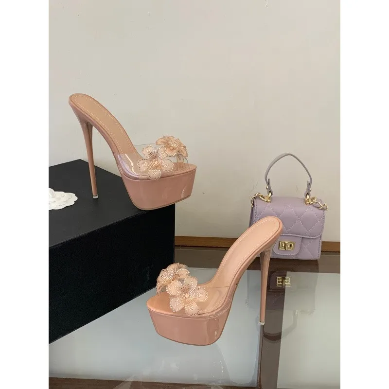 Waterproof platform heel low-cut stiletto sandals with water droplet patterns and transparent heels for women, size 16cm