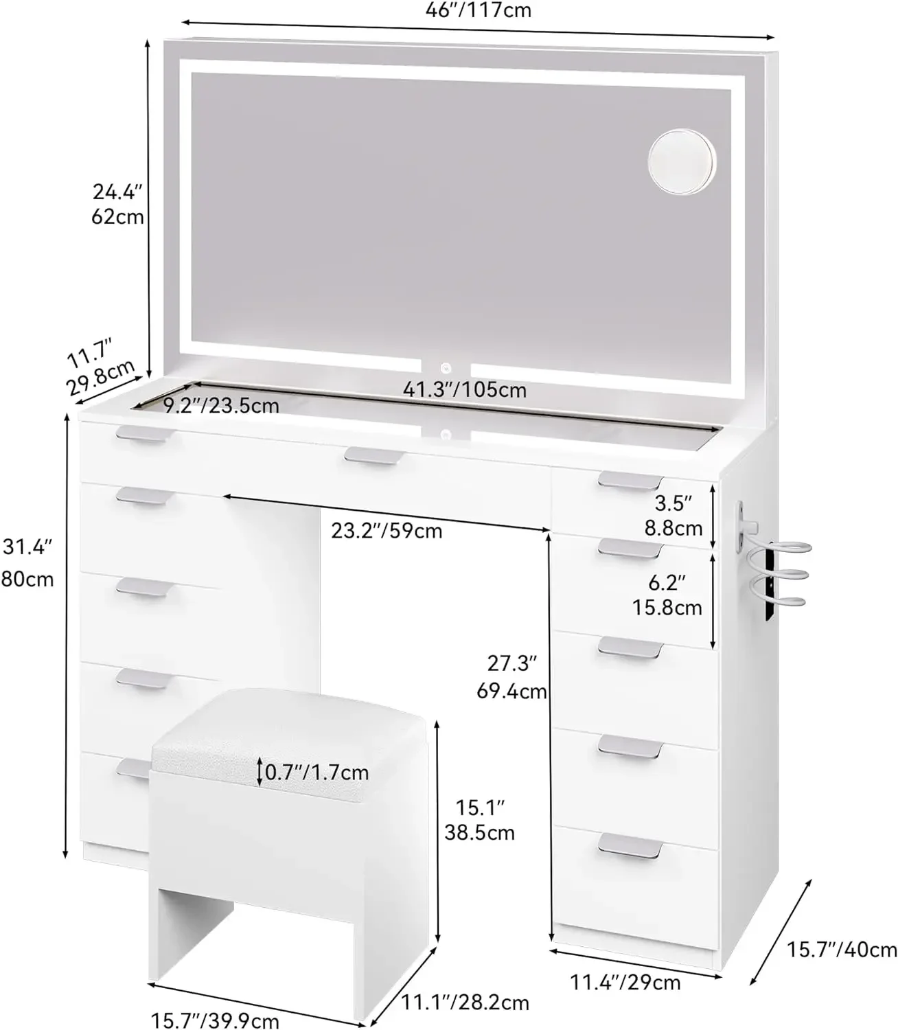 Kaptafel Set Met Grote Led Verlichte Spiegel En Stopcontact, Glazen Topje Met 11 Lades En Vergrootglas