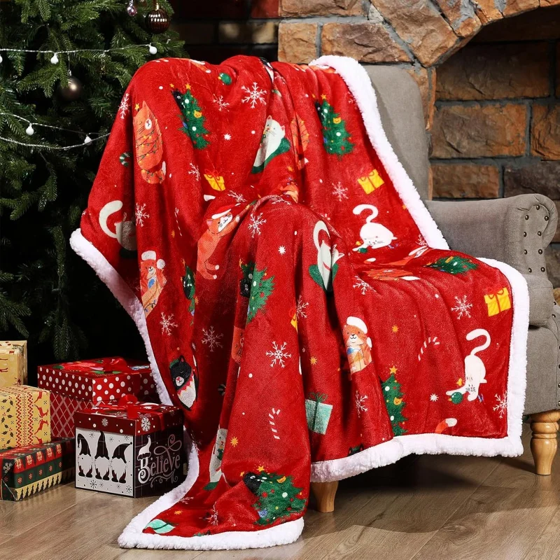 

Christmas blanket 60inx50in flannel warm soft blanket used for home sofa bed cover blanket (red, cat)