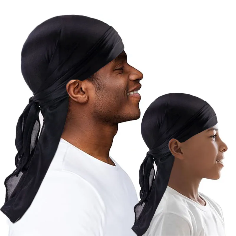 2PCS/LOT Parent-child Pirate Hat Cap Hair Bands Silky Durag Long Tail Hat Headwear For Women Man Ribbon Turban Outdoor Wear