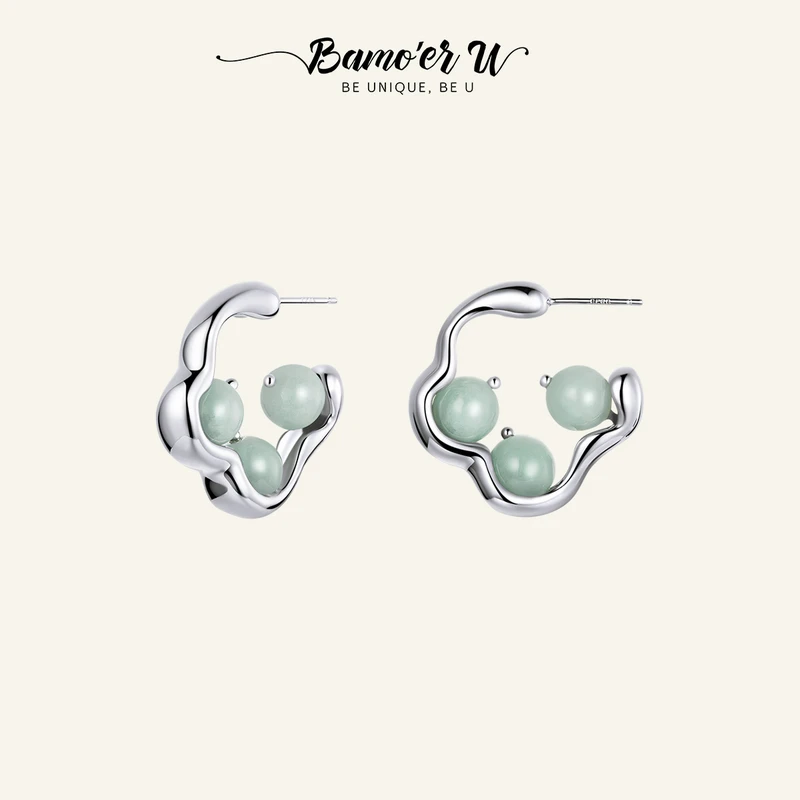 BAMOER U Statement Jewelry Gift Three Stone Natural Green Agate Stud Earrings For Women Special Design Jade Studs Party Use