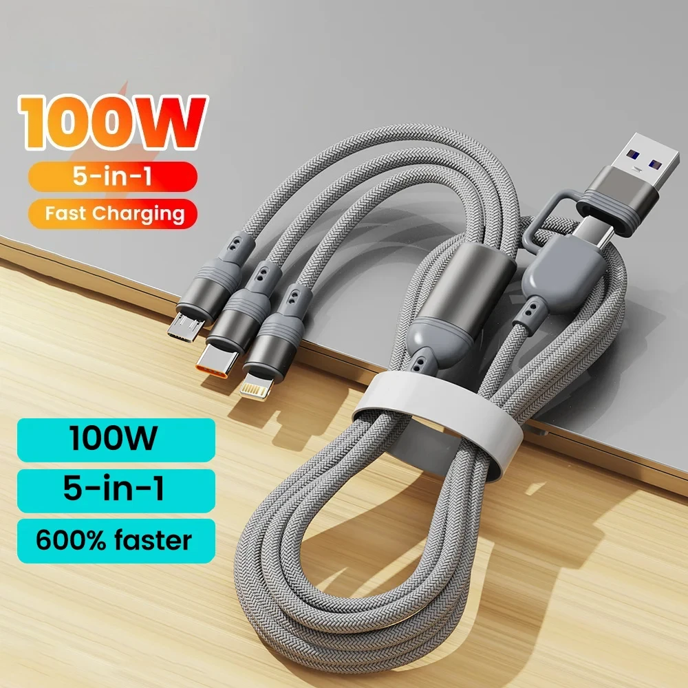 100 W 5-in-1 USB Typ C auf Typ C/Beleuchtung/Micro-Schnelllade-Datenkabel für iPhone 8–16 Serie Samsung Galaxy Xiaomi Huawei