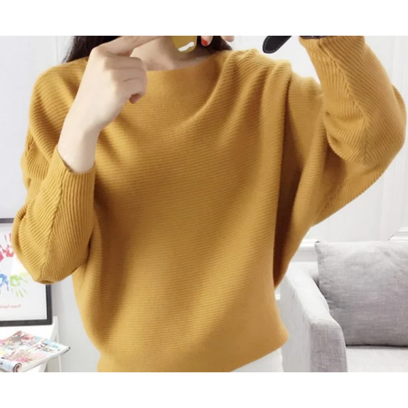 

European American Women's Fashion Autumn and Winter New Loose Letter Collar Long Sleeve Batwing Knitted Sweater
