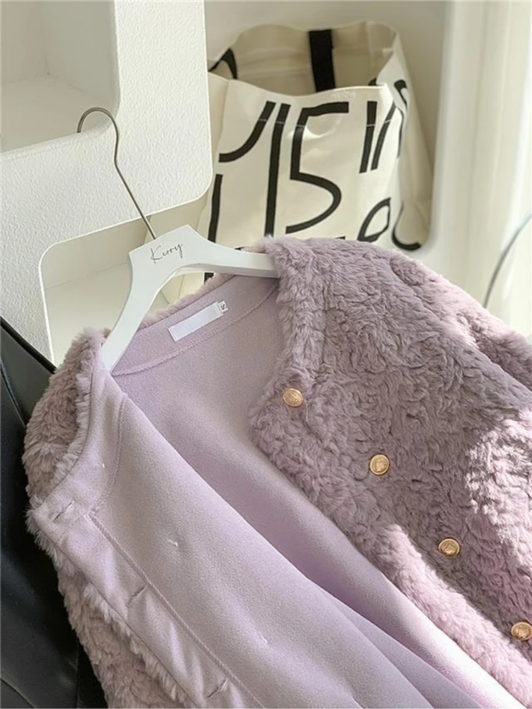 Moda falso lã de cordeiro jaqueta de pele feminina outono duplo breasted o pescoço colheita casaco feminino coreano elegante macio pele do falso outerwear