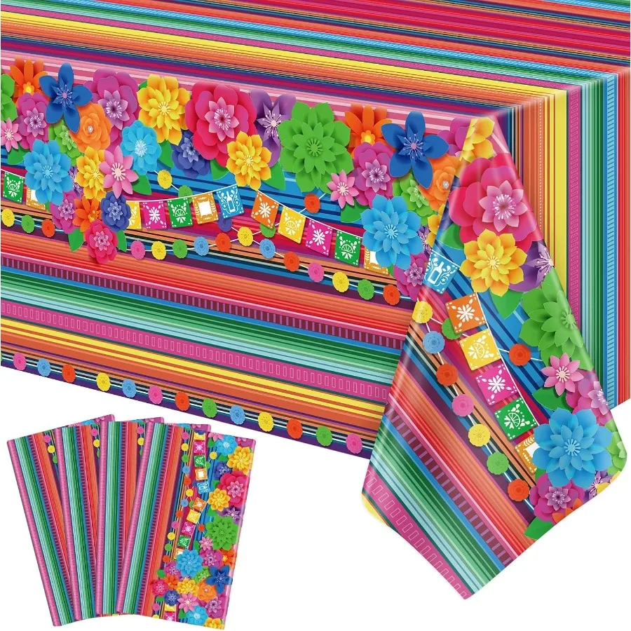 4 Pcs Mexican Fiesta Tablecloth Cinco De Mayo Plastic Table Cover Mexico Colorful Striped Paper Flower Table Cloth Mexican Holi