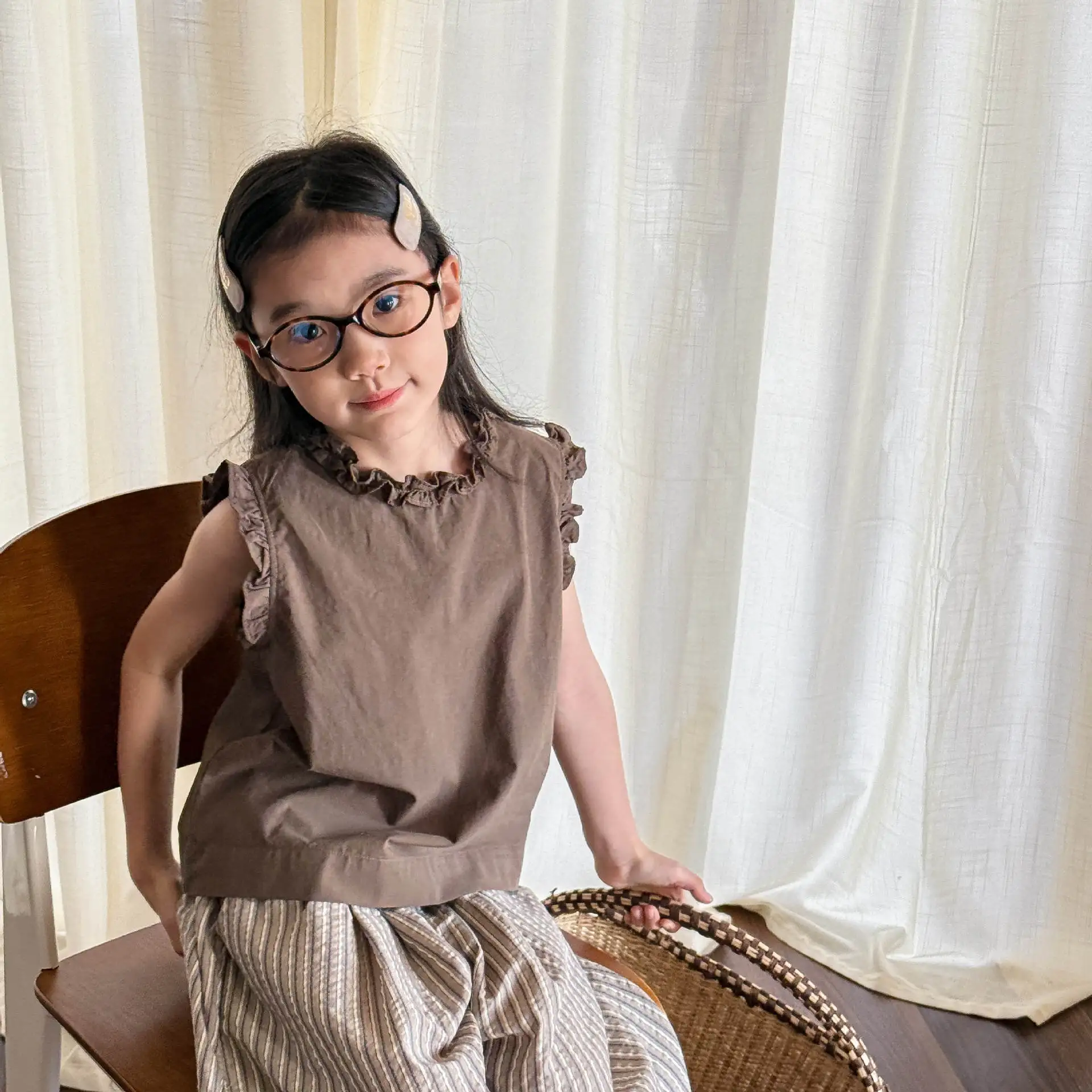 2026 Summer New Korean Style Girls Sleeveless Ruffle Blouse Solid Simple Japan Korea Style Kids Summer Shirt