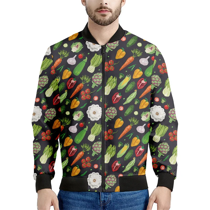 Colorful Fruits Vegetables Graphic Zipper Jacket For Men 3d Printed Vegan Sweatshirt Tops Long Sleeves Street Bomber Jackets