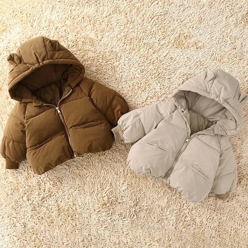 New Baby Coat Winter Thickened Down Jackets Girls Boys Plush Warm Outerwear Childrens Solid Hooded Cotton Parkas Snowsuit 12M-5Y