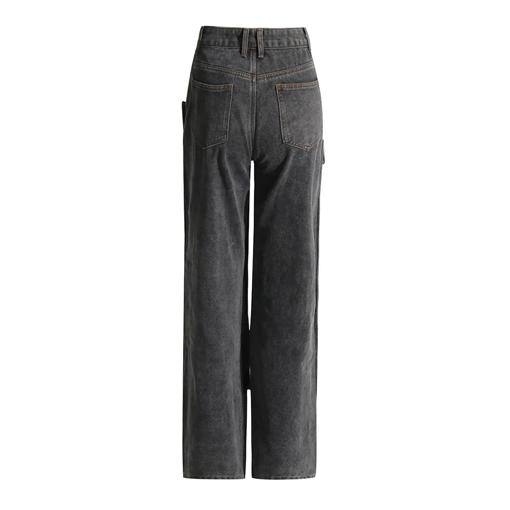 VGH Solid Patchwork Button Denim Trousers For Women High Waist Spliced Pocket Minimalist Straight Pants Female Fashion Style New