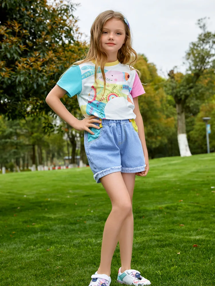 Girls Printed Cute  T-shirt  and Blue Denim Short