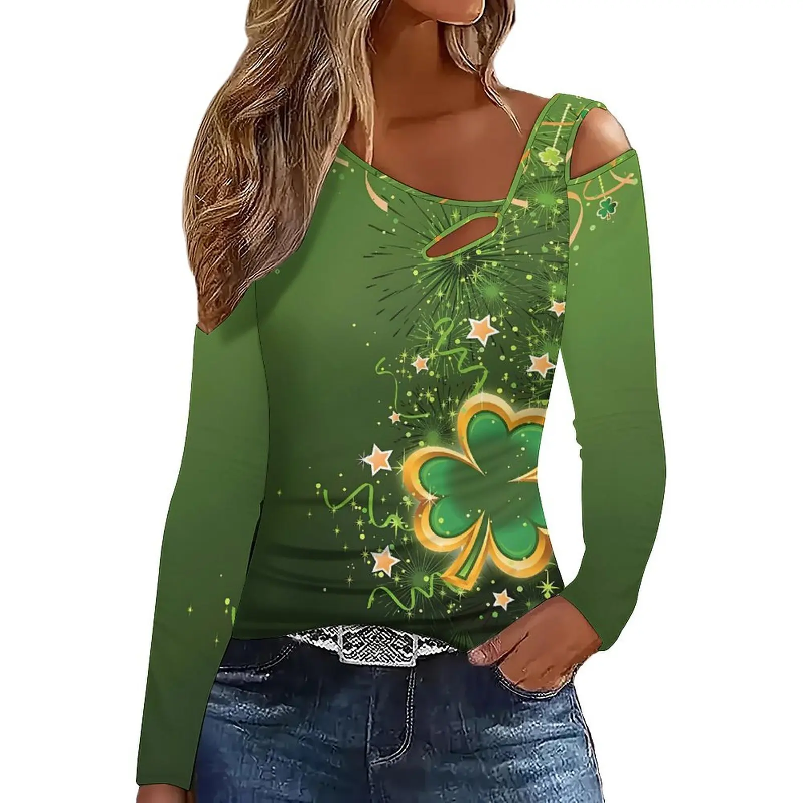ElegantOff-Shoulder Printed T-Shirt  Directional Slanted Shoulder Long-Sleeved   Women's Fashion Clothes
