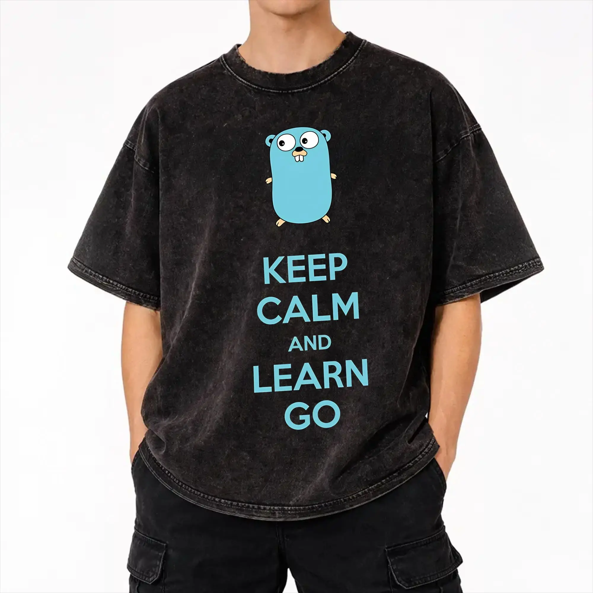 Keep calm and Learn Go GoLang Gopher T Shirts Hip Hop Washed Short Sleeve Oversize T-Shirts  Vintage Men Women Streetwear