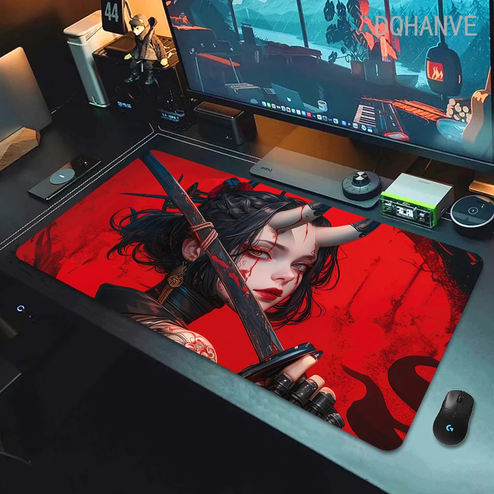 Anime Cool Japanese Samurai Girl Red Mousepad Large Gaming Mouse Pad LockEdge Thickened Computer Keyboard Table Desk Mat 500x100