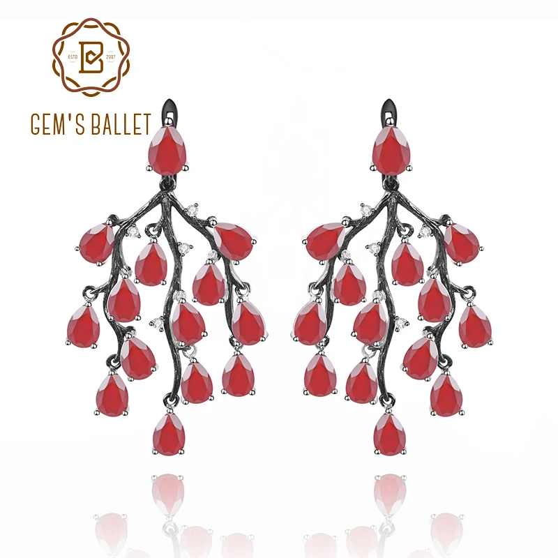 GEM'S BALLET 925 Sterling Silver Creative Pine Branch Earrings Natural Red Agate Gemstone Handmade Drop Earrings Gift For Her