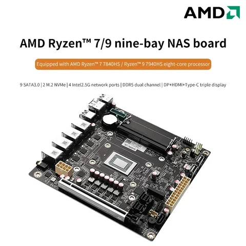 AMD Ryzen 7 8845HS 9-Bay NAS Motherboard USB4 4xi226-V 2.5G LAN Mini ITX 9xSATA3.0 2xM.2 NVMe PCIE X16 2xDDR5 Firewall Mainboard