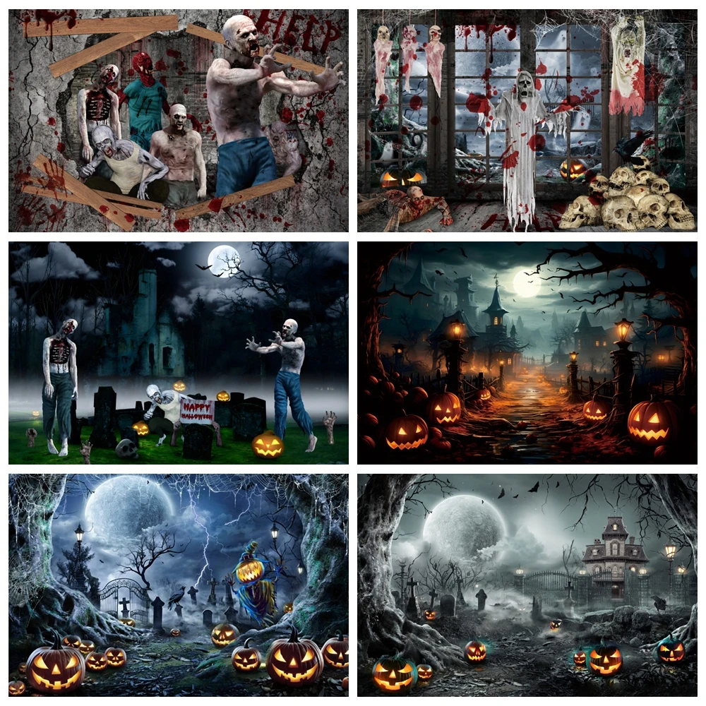 

Halloween Backdrop For Photography Full Night Moon Scary Castle Graveyard Pumpkin Horror Skull Kids Family Party Photo Studio