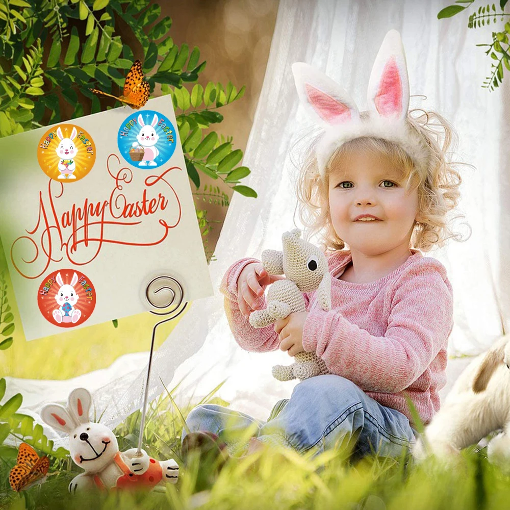 25mm Happy Easter Stickers Cute Rabbit Cartoon Animal Self Adhesive Sticker Label For Easter Party Kids Gifts Bag Box Decor Tags