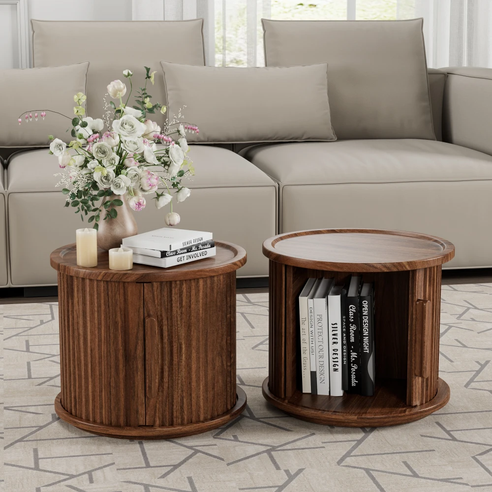 Walnut Veneer Sofa Side Table and Bedside Table Two-piece Round Coffee Table Set Modern Nesting Side Table with Sliding Door Storage Space, Versatile and Practical Style Suitable for Living Room and Bedroom with Recessed Roman Column Design Decorative Tag