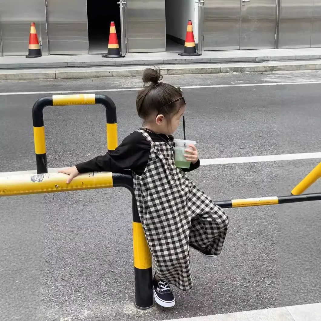 Girls Set 2025 Autumn New Korean Version Loose Checkered One-piece Wide Leg Overalls Black Base Shirt Two-piece Daily Set