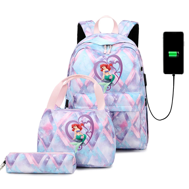 3pcs Disney The Little Mermaid Backpack Boys Girls USB Charging Bookbag Mochila Teenager Men Women Travel Casual Backpacks Sets