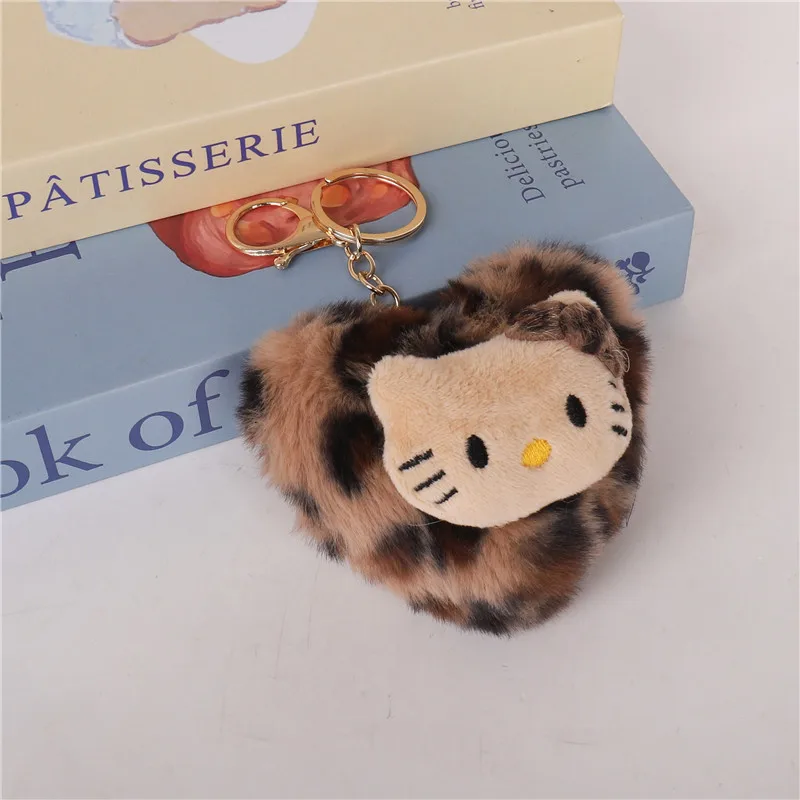 

Retro Hello Kitty Leopard Print Keychain Kawaii Kitty Cat Cartoon Cute Heart-shaped Dolls Pendants Creative Bag Accessories Gift