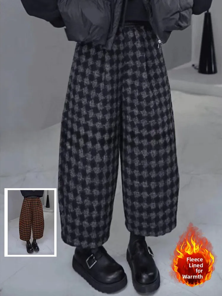 

Thiened Fce Lined Retro Tweed Pants Elastic Waist Casual Slimming Nine Point Banana Pants Large Size Women's Winter Trou...