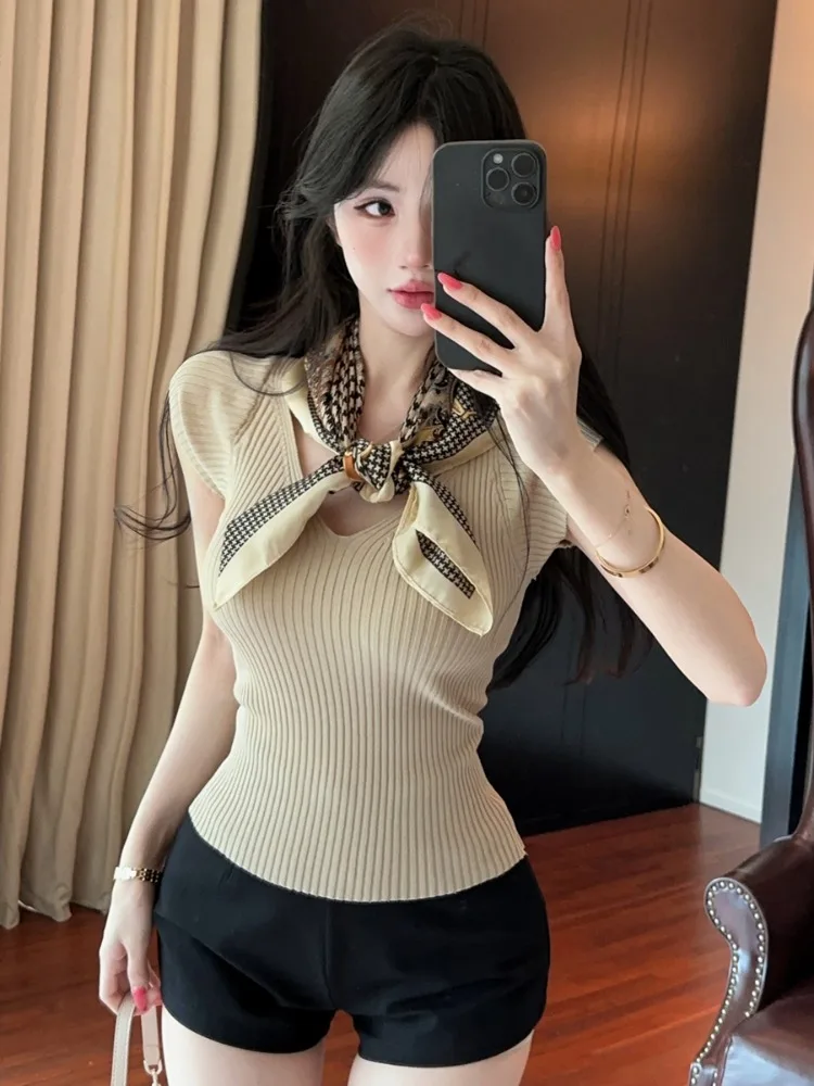 

Slim Fit Short Sleeve V-Neck Knitted T-Shirt Women Summer Pure Desire Spicy Girl Scarf Shoulder Wrap Set City Walk Breathable