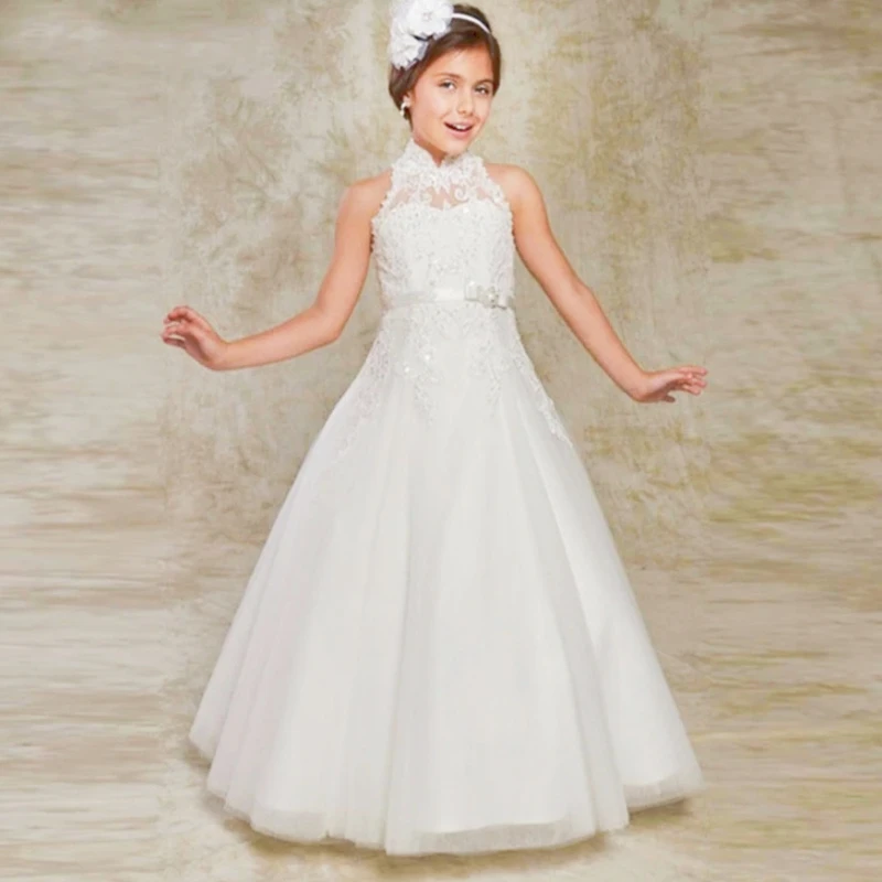 Vestido de niña de flores blanco personalizado para Fiesta de bodas, cumpleaños, vestido con apliques de encaje de lentejuelas de cristal para niña, primera comunión