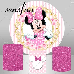 Pink Cute Minnie Mouse Circle Round Backdrop for Girls Baby Shower 1st Birthday Party Background Hot Pink Glitter Plinth Covers