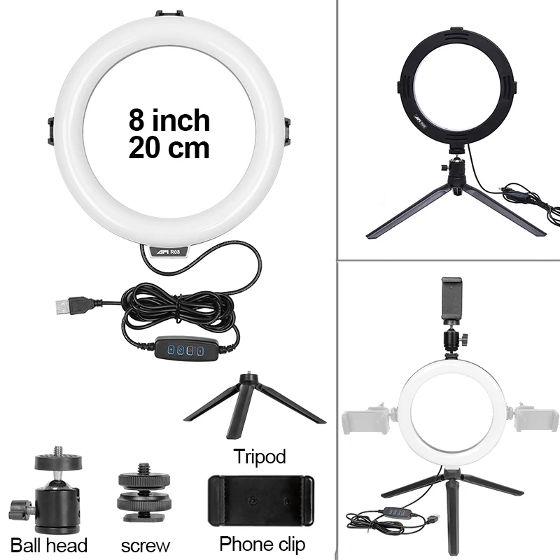 8/11 Inch Ring Light with Tripod Stand YouTube LED TikTok USB Ringlight Kit USB Video Light Selfie Ring Lamp Photography