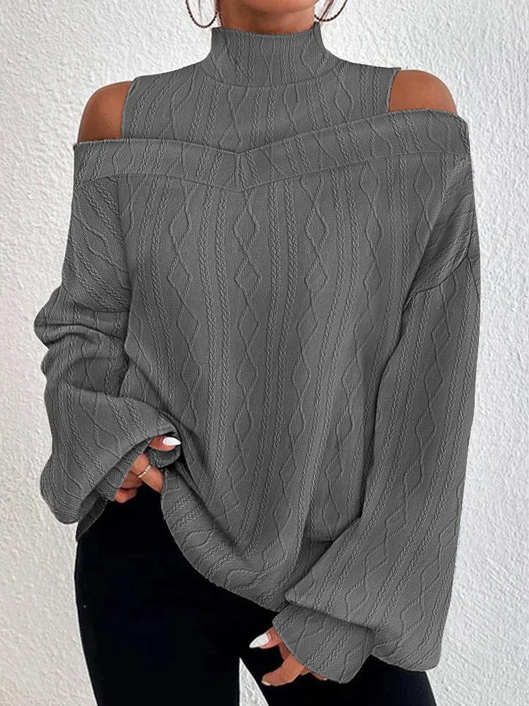 Lantern Sleeve Cold Shoulder Cable Textured Top Women Casual Blouse Turtleneck Pullovers Autumn Gray Hollow Out Female Clothing