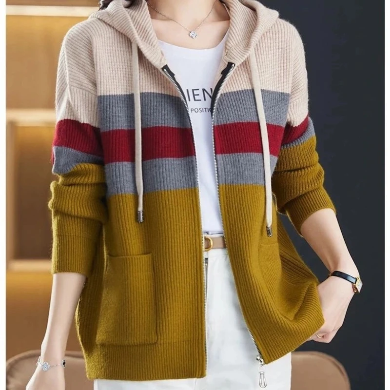 

Новая осенне-зимняя свободная полосатая повседневная вязаная толстовка с длинными рукавами из смесовой ткани, короткие пальто