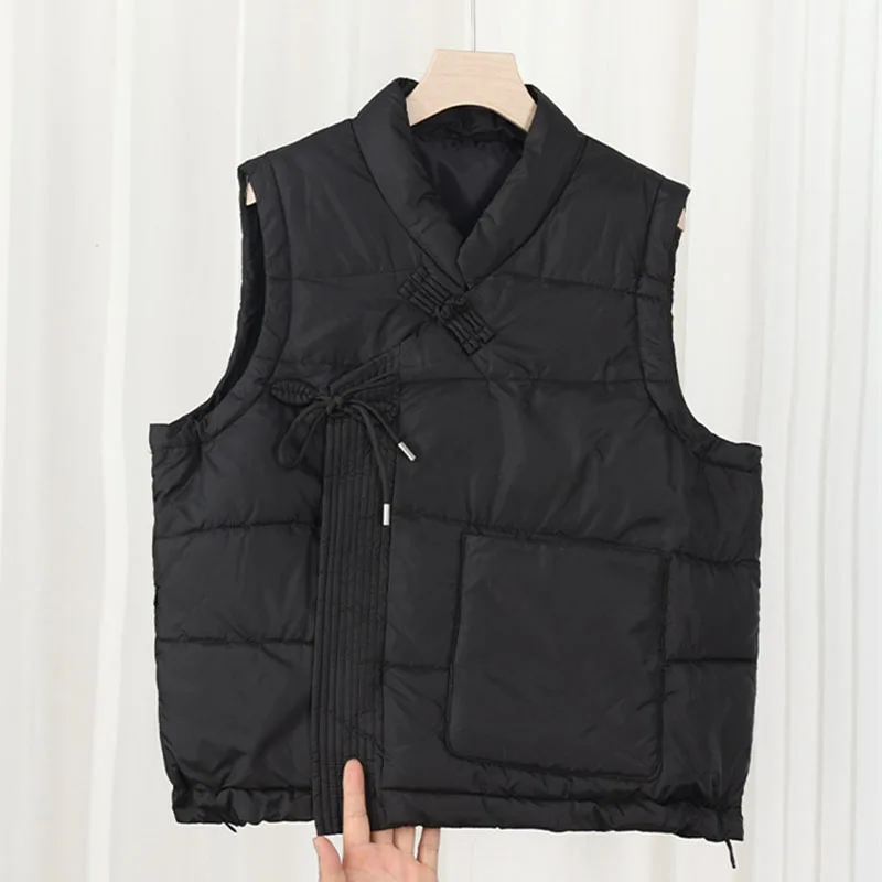 

Vintage button down cotton vest women autumn winter thicken waistcoat for women solid outwears cotton padded sleeveless jacket