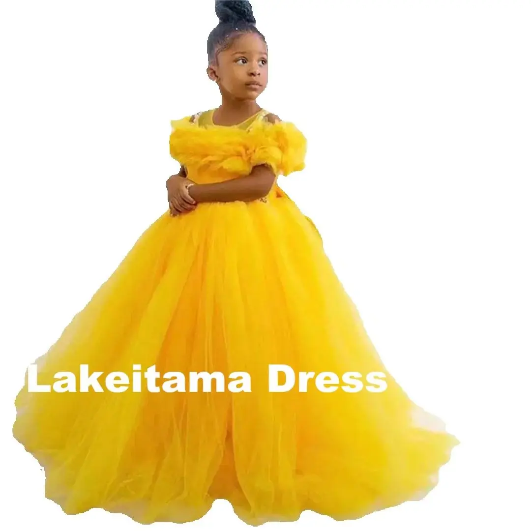 Vestido de niña de flores personalizado, vestido de princesa de encaje de perlas para niña, vestidos de primera comunión sin mangas, vestido de fiesta de boda para niño