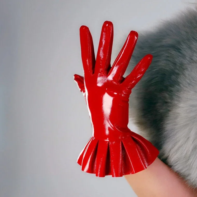 Shine Red RUFFLE GLOVES Faux Leather Pleated Trim Latex Wet Look Fashion Show Evening Party Cosplay Costume Halloween Motorcycle