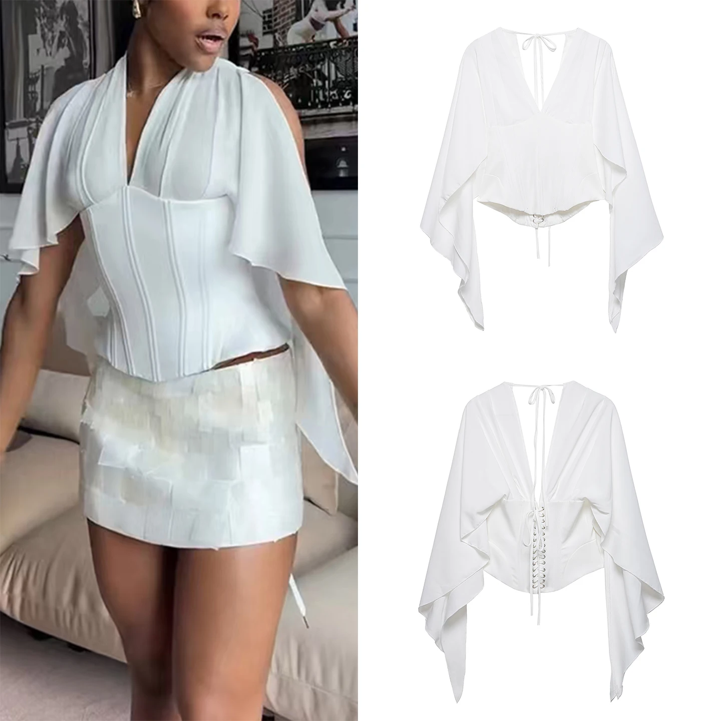 

Fashionable Women's Slim Fit Shirt Deep V Neck Versatile Waist Cinching Spring 2026 New Arrival Chinese Brand Zadata