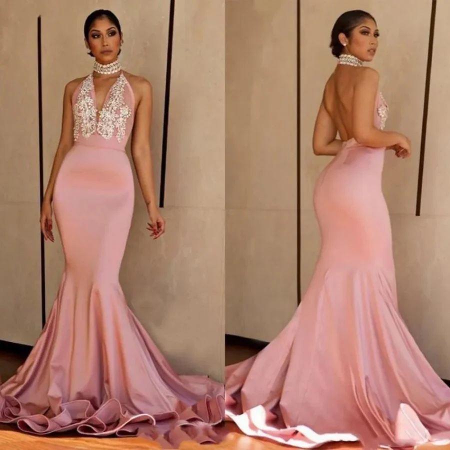 Renda seksi V-neck gaun pesta putri duyung halter leher backless appliqué penuh ayunan gaun malam formal pesta kontes gaun dibuat sesuai pesanan