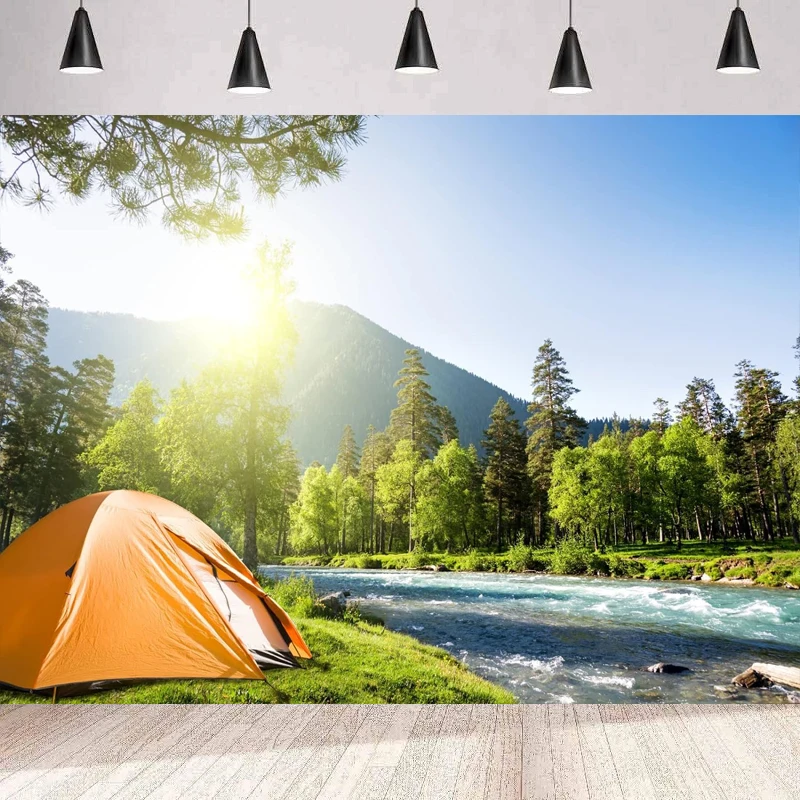 Mountain Forest Camping Photography Backdrop Sunshine Outdoor Travel Pine Trees River Landscape Grassland Camp Tents Background