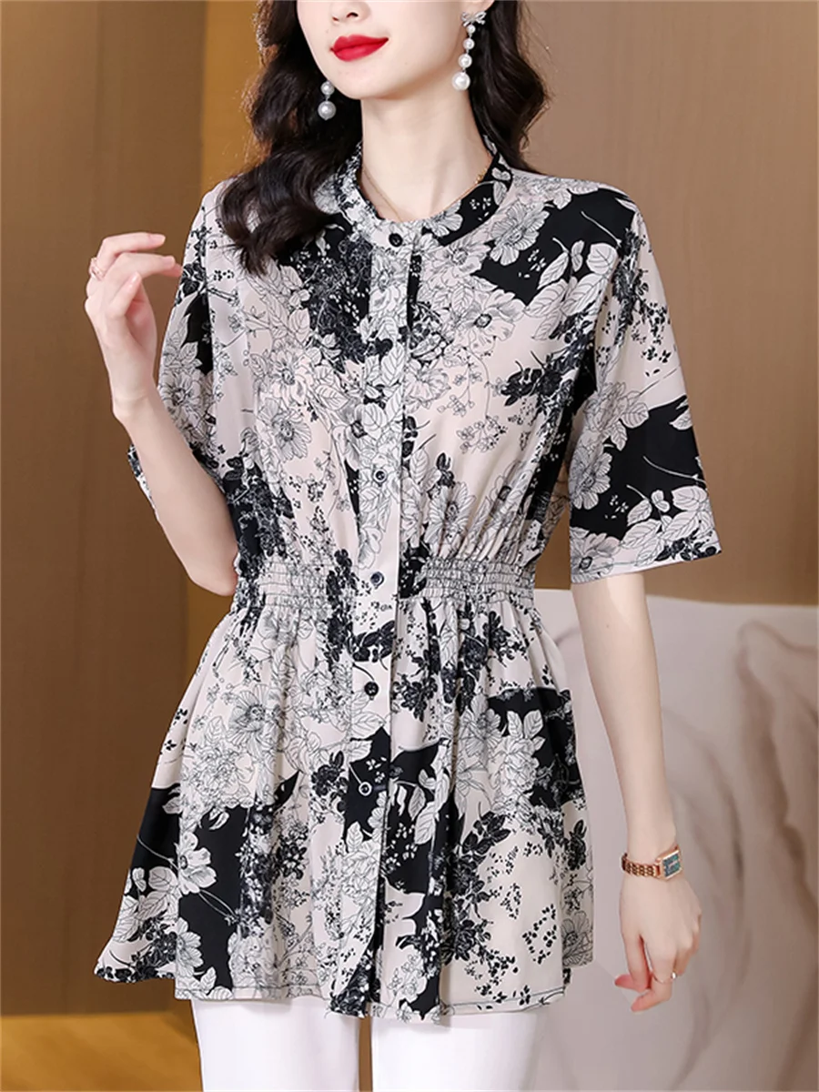 

4XL Women Spring Summer Shirts Lady Fashion Casual Short Sleeve O-Neck Collar Black Printing Blusas Tops CT0674