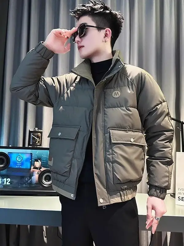 Winter Casual Slim Fit Men's Cotton Jacket Stand Collar Contrast Color Polyester Filling Youth Fashion Warm Thickened Zipper