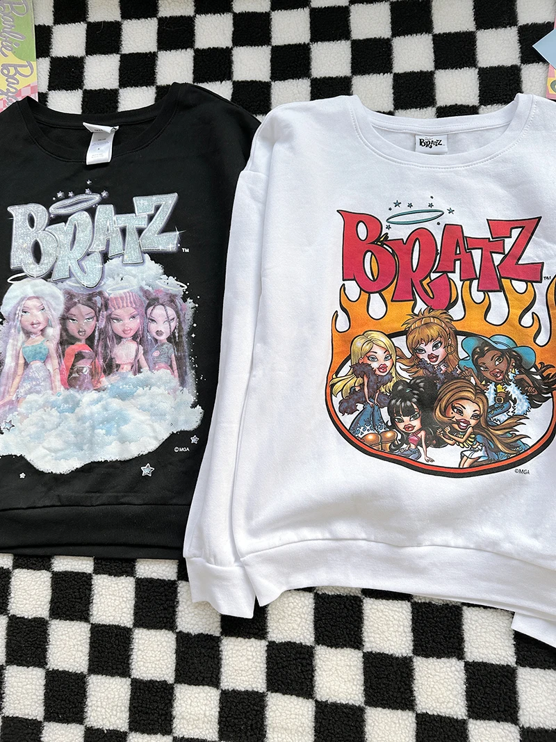 Sweet Cool Girl Print Loose Thin Fleece Sweatshirt Retro Y2K Millennium American Style Cartoon Street Fashion Long Sleeve Cot...